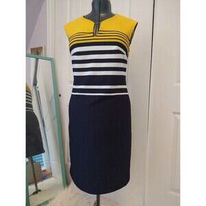 ILE Striped Yellow, Black & White Semi fitted Shift Dress Size 8
